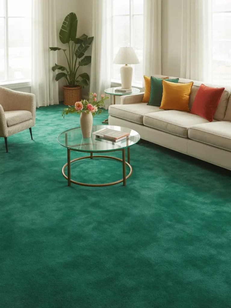 Modern living room with bold green carpet, neutral sofa, and colorful accent pillows for a vibrant look.