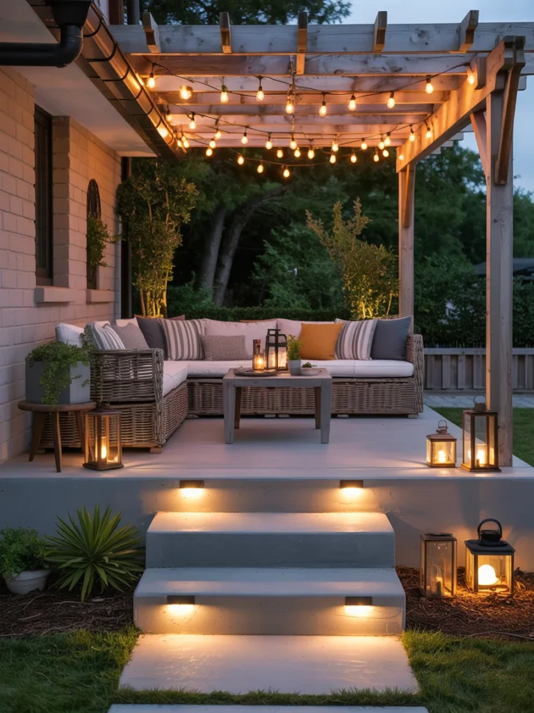 Concrete patio with pergola, string lights, and lanterns creating a cozy evening ambiance.