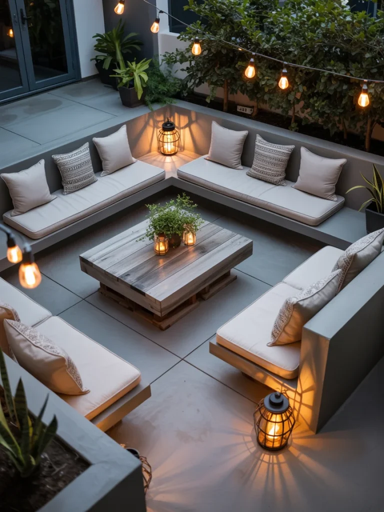 Concrete patio with built-in seating, string lights, and cozy outdoor decor.