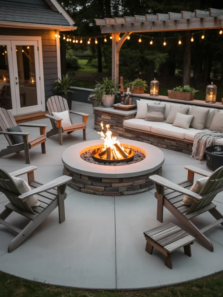 Concrete patio with built-in fire pit, Adirondack chairs, and cozy seating area.