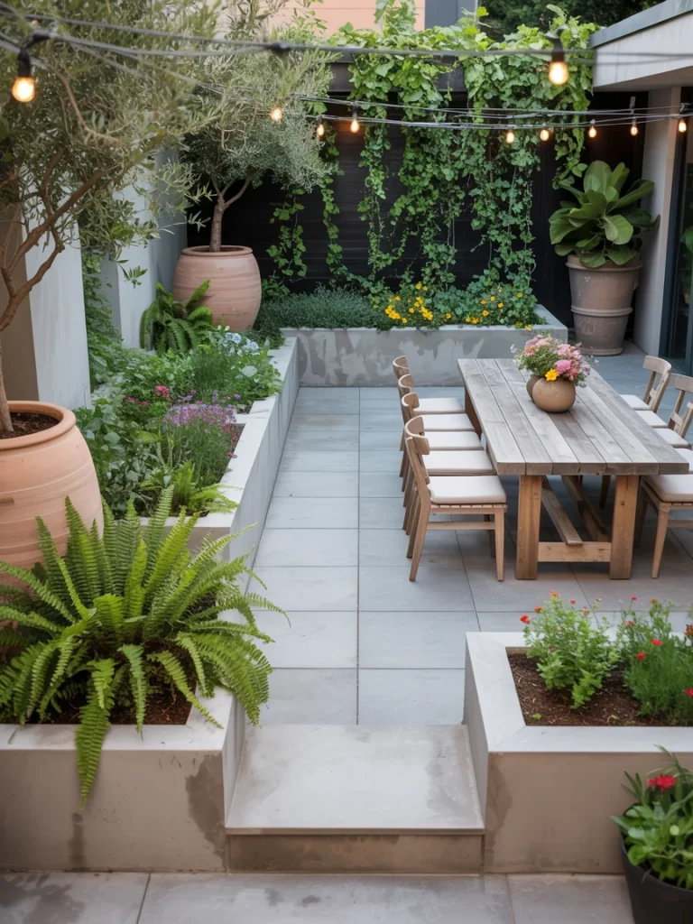 Concrete patio with dining table surrounded by lush greenery and built-in planters.