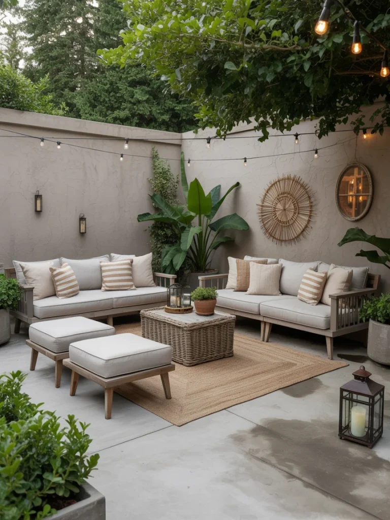 Cozy outdoor lounge on a concrete patio with cushioned sofas, ottomans, and greenery.