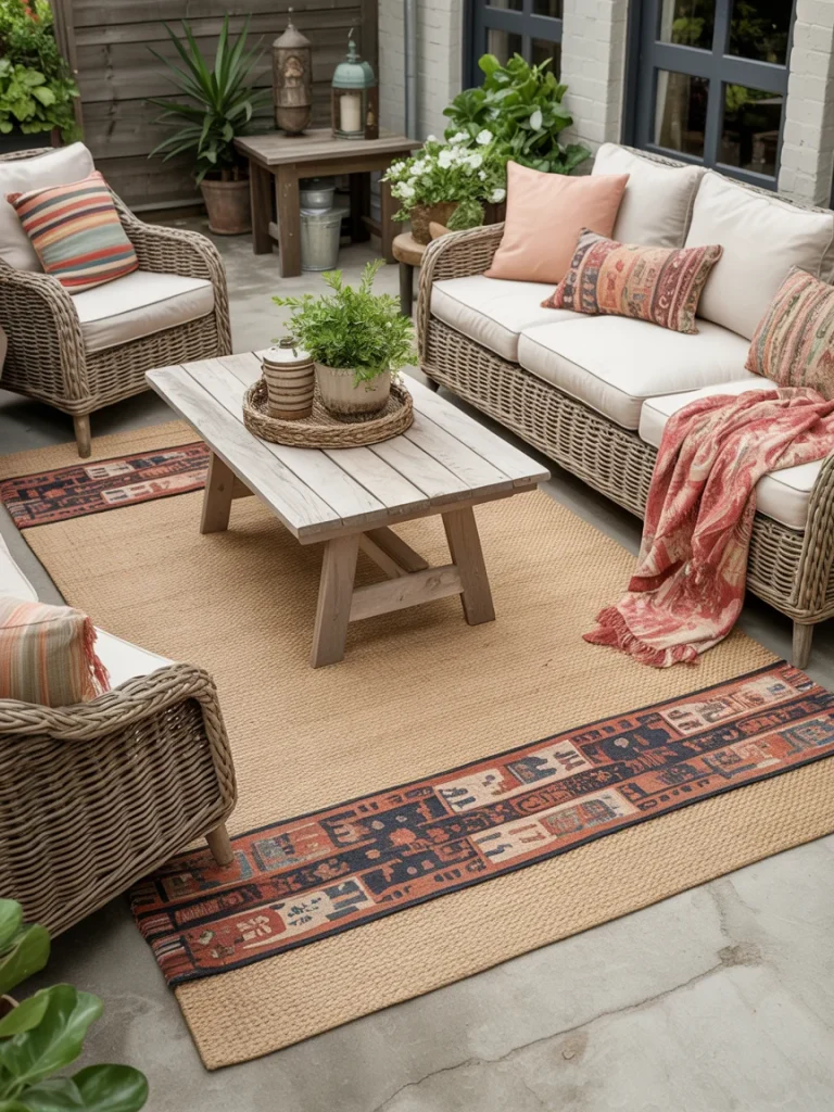 Concrete patio with wicker seating, patterned outdoor rug, and cozy throw blankets.