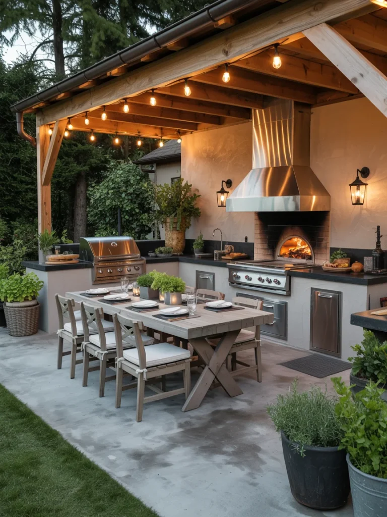 Concrete patio with outdoor kitchen, dining table, and string lights.