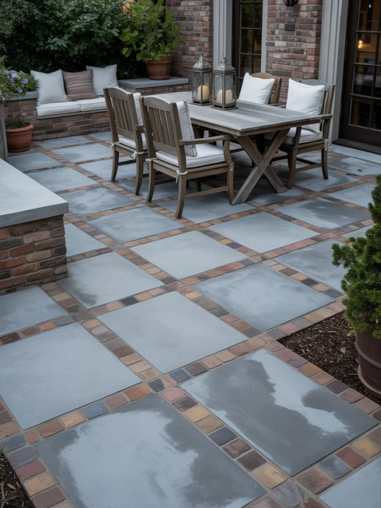 Concrete patio with square pavers bordered by stone and outdoor dining set.