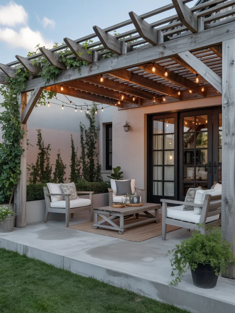 Concrete patio with pergola, string lights, and cozy seating area.