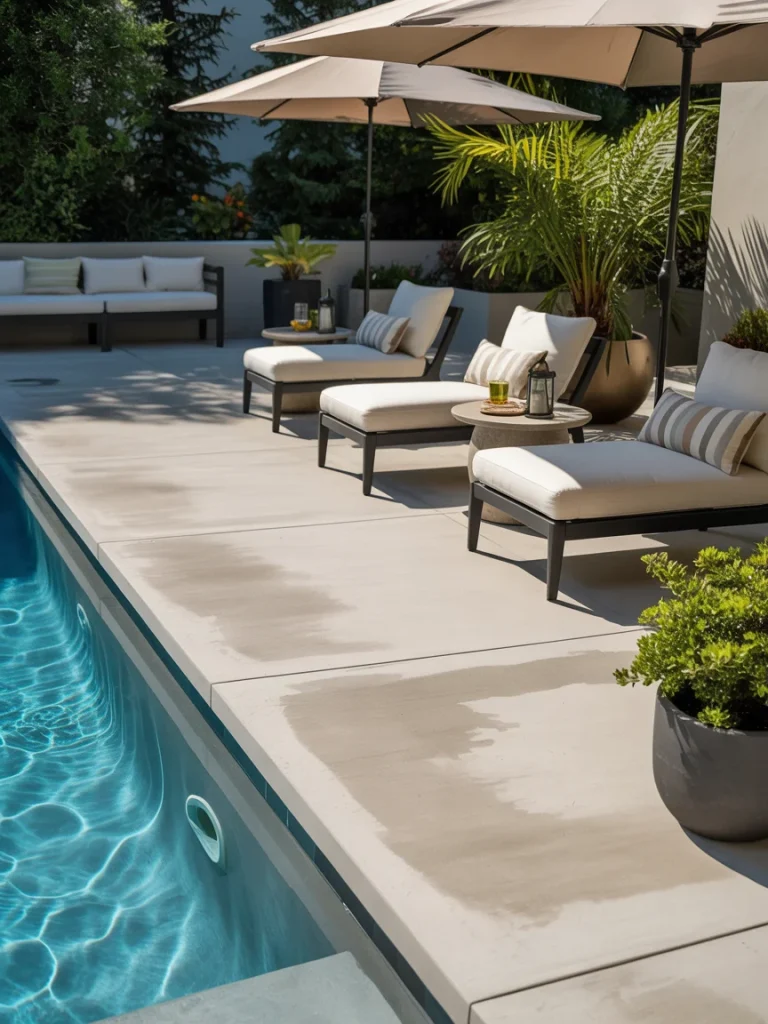 Modern concrete patio with poolside lounge chairs, umbrellas, and lush greenery.