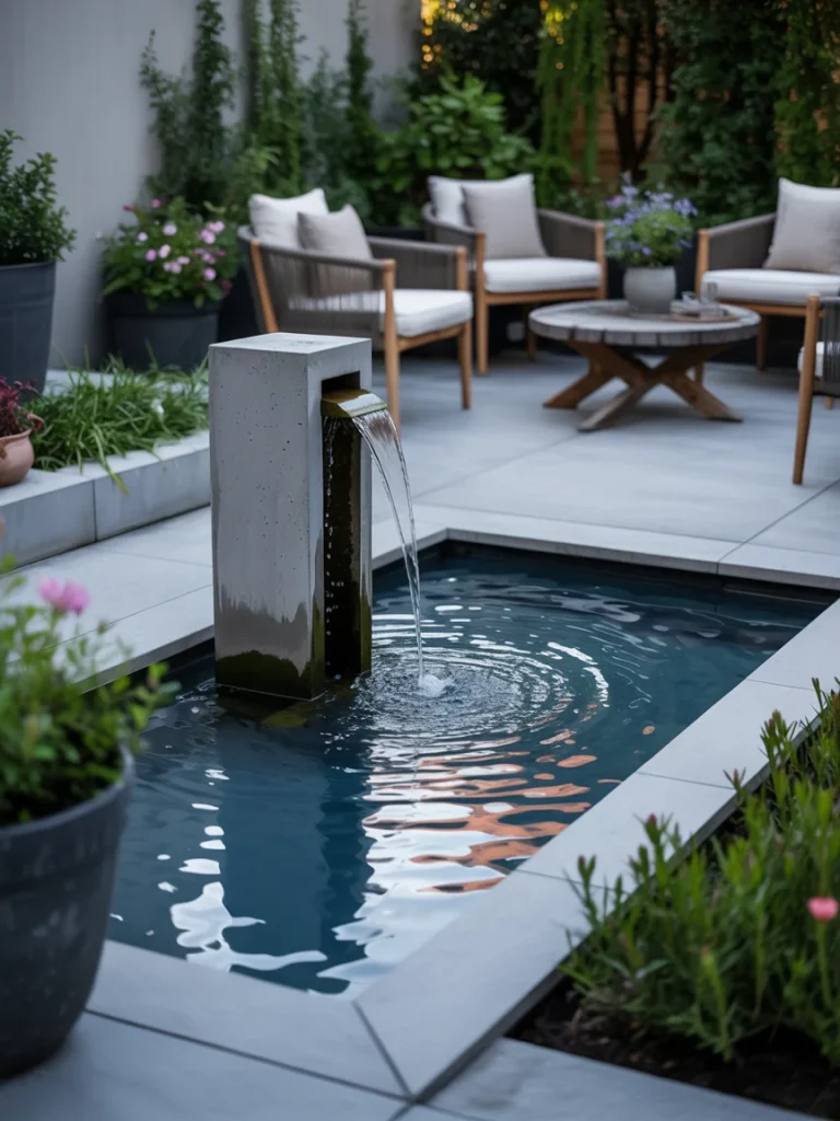 Modern concrete patio with built-in water feature and stylish outdoor seating.