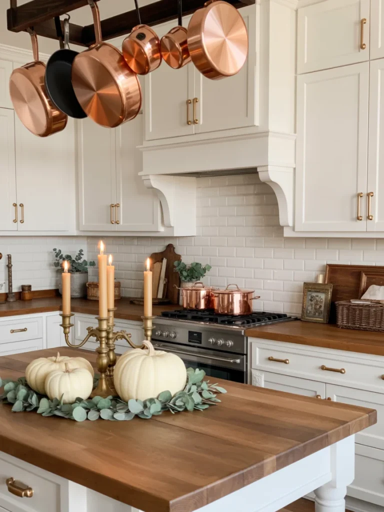 White kitchen with copper pots, brass candlesticks, and white pumpkins styled for autumn warmth.