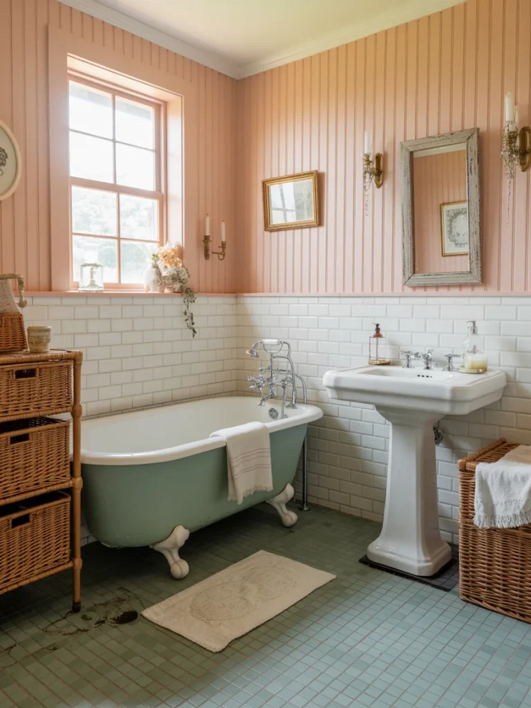 Vintage cottage bathroom with clawfoot tub, pedestal sink, wicker storage, and pastel pink walls.
