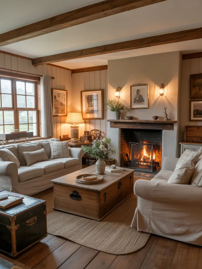 Cozy cottage living room with fireplace, wooden beams, neutral sofas, and rustic décor.