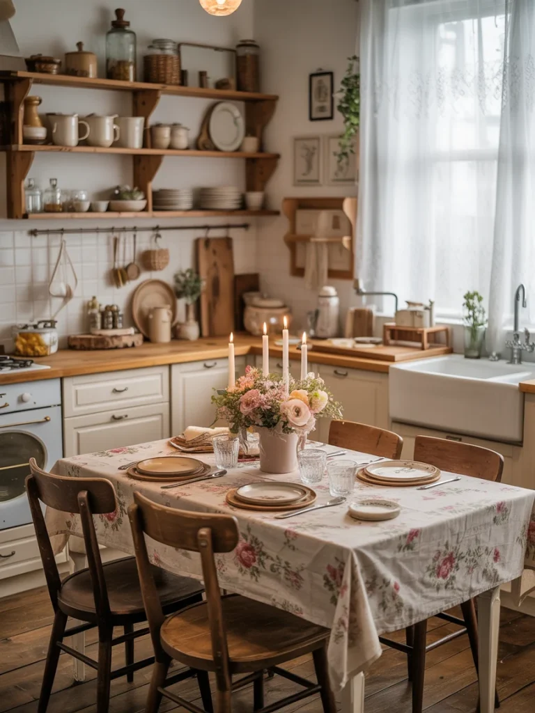 Cottagecore kitchen with wooden shelves, farmhouse sink, and a floral dining table set with candles and vintage dishware.