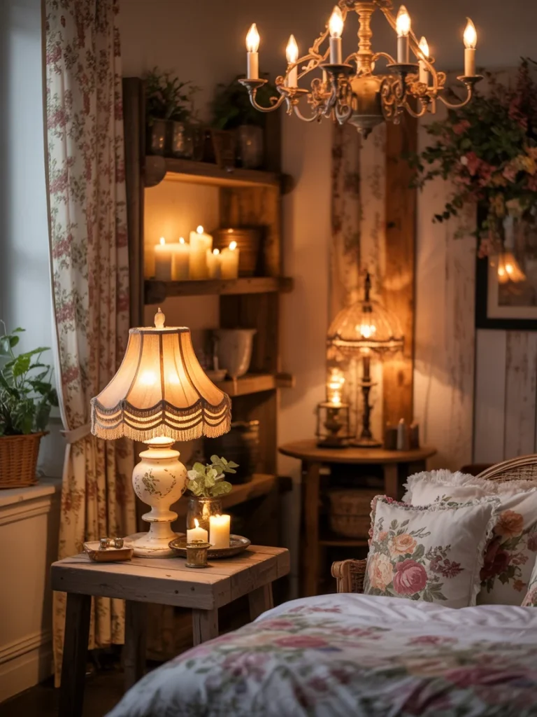 Cozy cottagecore bedroom with warm ambient lighting from candles, chandelier, and vintage lamp.