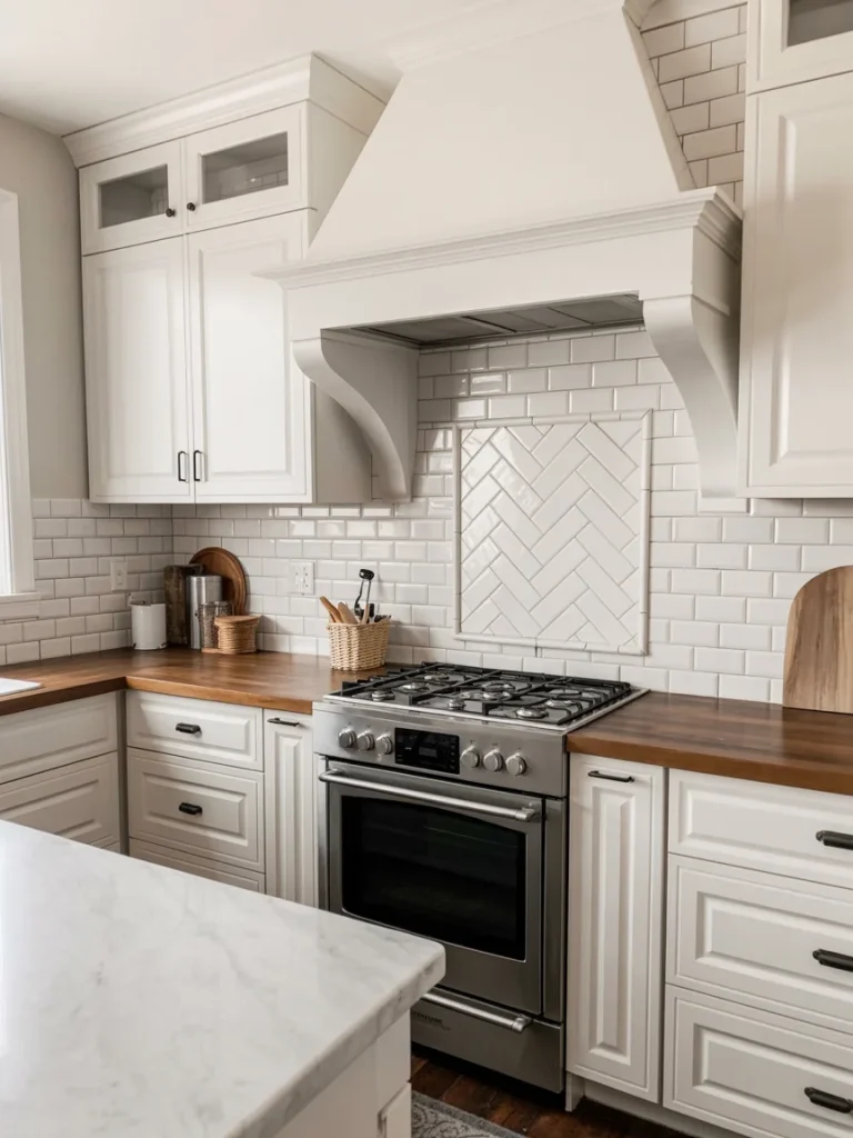 White farmhouse kitchen with wood countertops and subway tile backsplash.