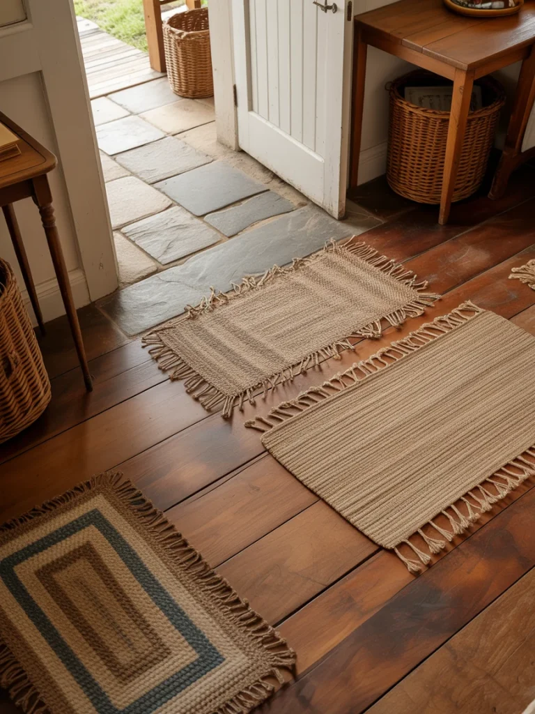Rustic country cottage entryway with wooden flooring and woven rugs.