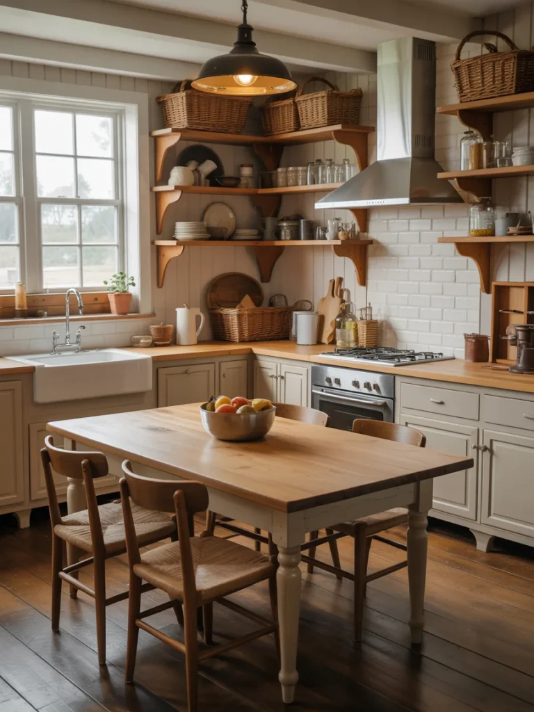 Warm country cottage kitchen with wooden dining table, open shelves, and rustic farmhouse décor.