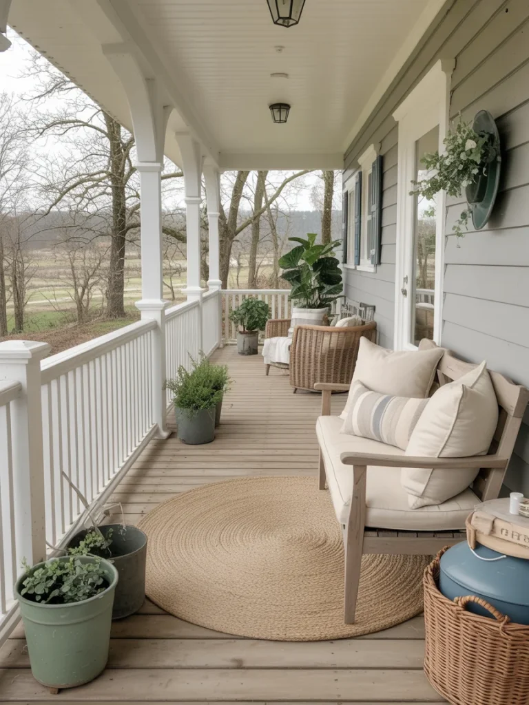 Country farmhouse porch with neutral gray siding, white trim, and natural wood accents.