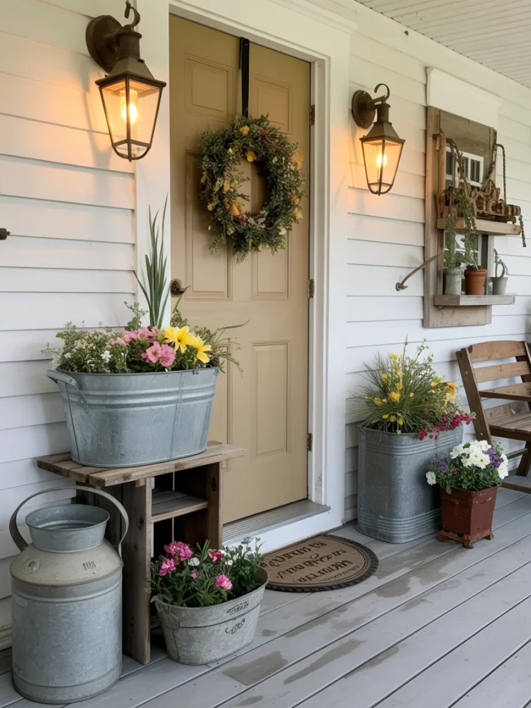 Farmhouse porch decorated with a wreath, galvanized planters, flowers, and rustic accents.
