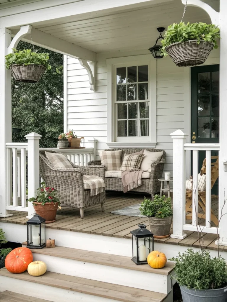Farmhouse porch with wicker seating, plaid pillows, pumpkins, and lantern decor.