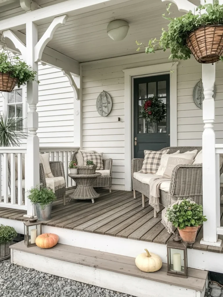 Cozy farmhouse porch with wicker seating, plaid pillows, potted plants, pumpkins, and lanterns.