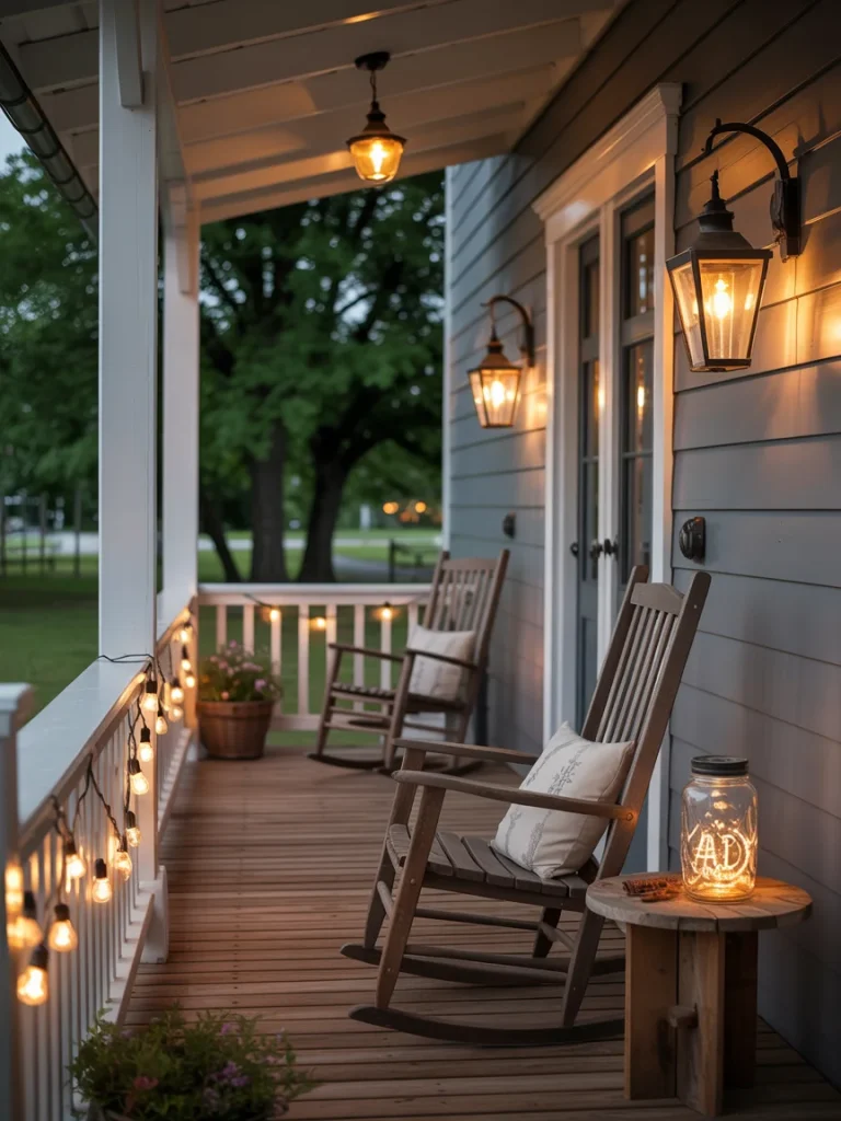 Farmhouse porch with glowing lantern sconces, string lights, and wooden rocking chairs at dusk.