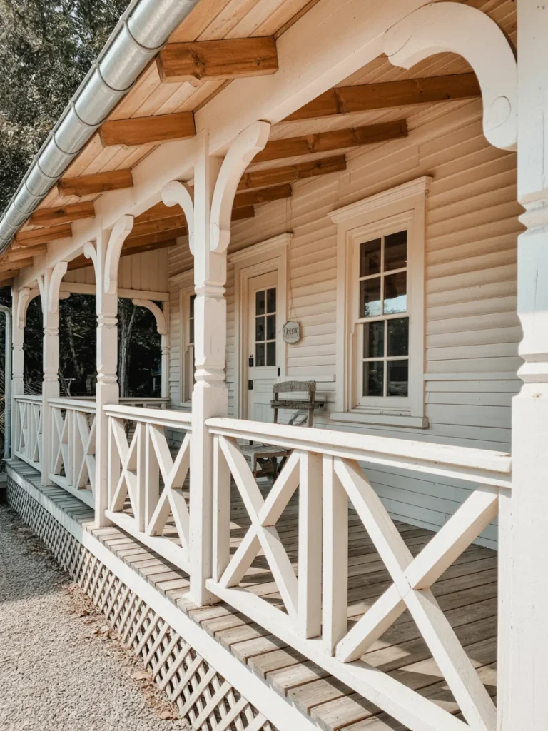 Country farmhouse porch with white wooden railings and decorative trim details.