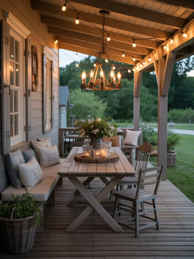 Country farmhouse porch dining area with wooden table, string lights, and cozy seating.