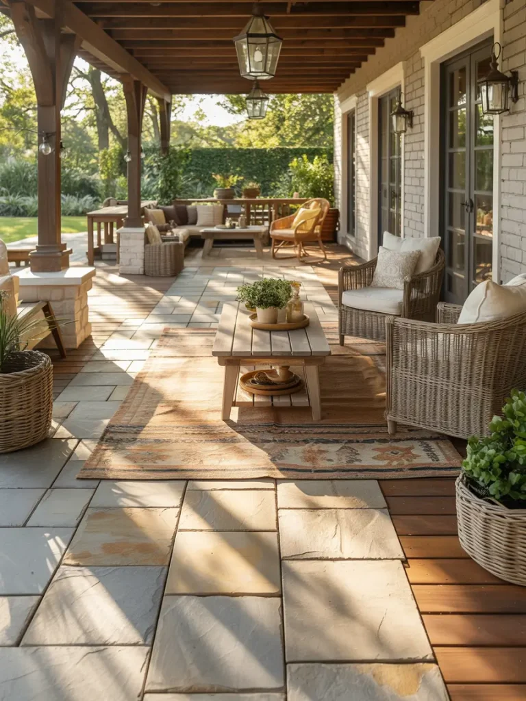 Covered patio with stone tile flooring, layered rugs, and wicker furniture.