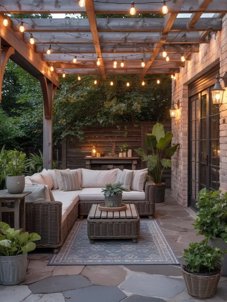 Covered patio with string lights, wicker furniture, and potted plants.