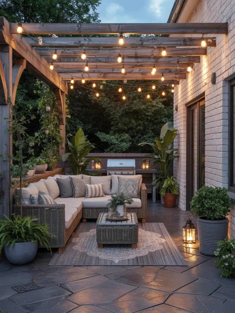 Cozy covered patio with string lights, outdoor sofa, and greenery.