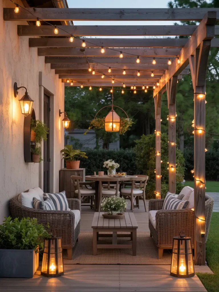 Covered patio with string lights, lanterns, and cozy wicker seating.