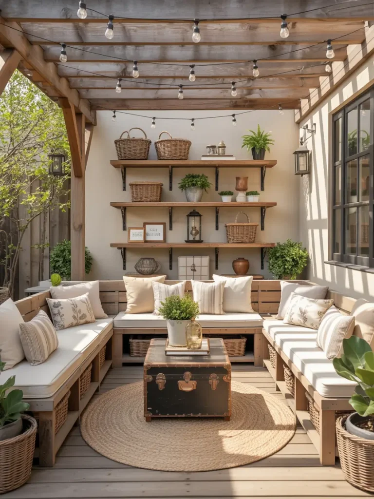 Covered patio with built-in storage benches, neutral cushions, and decorative shelving.