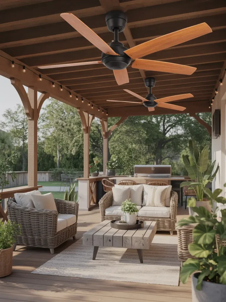 Covered patio with wicker seating, ceiling fans, and outdoor kitchen.