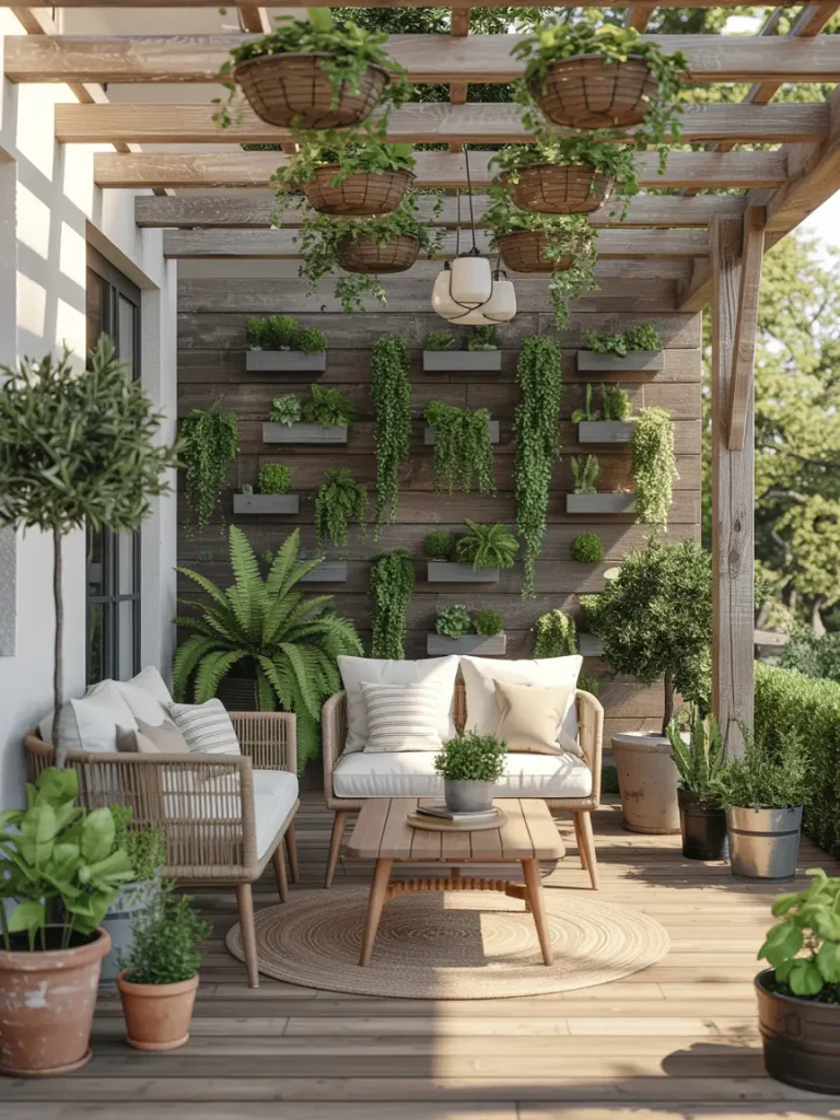 Covered patio with greenery, hanging baskets, and cozy seating area.