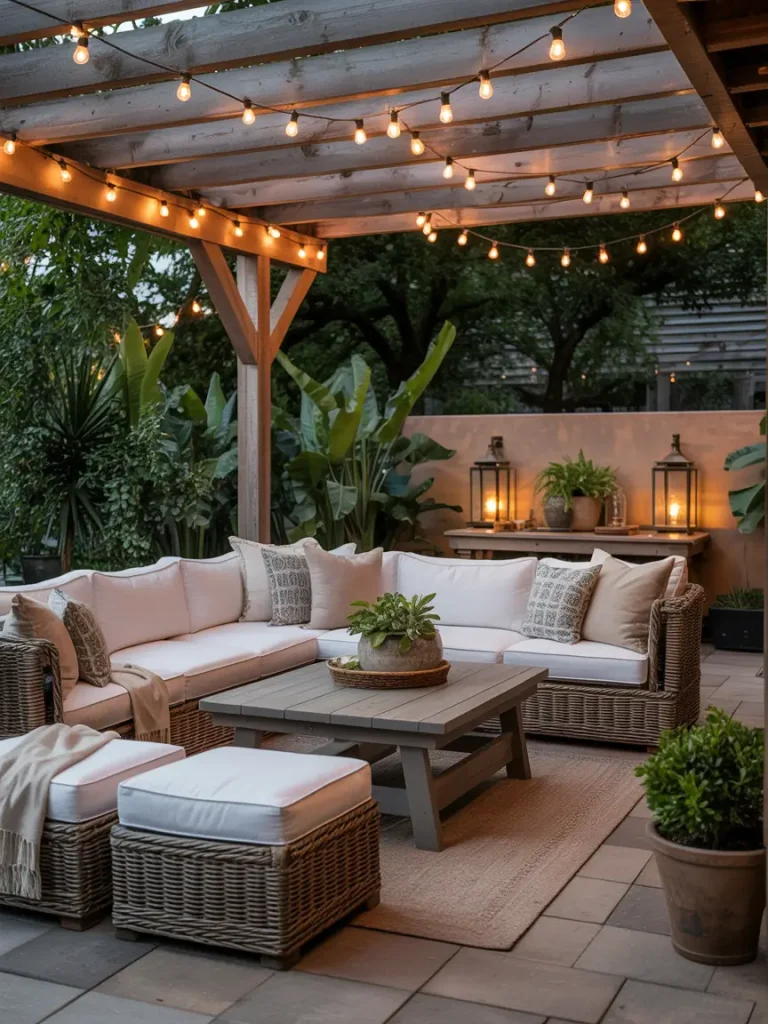Covered patio with lounge seating, string lights, and wicker furniture.