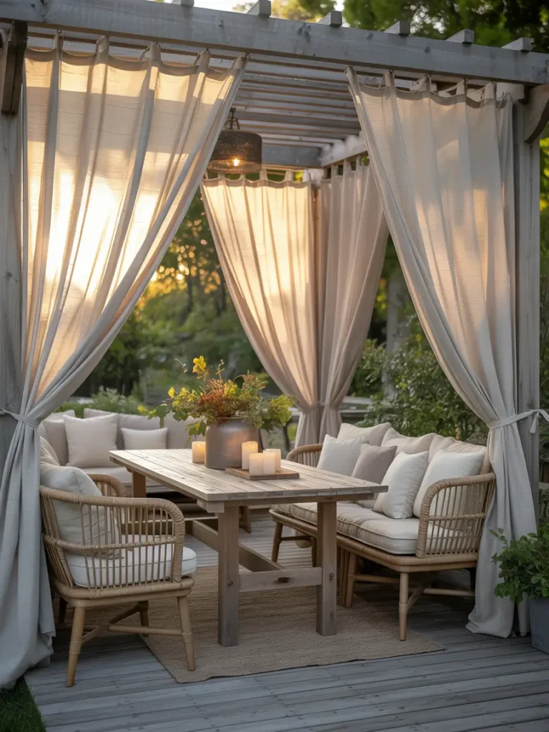 Covered patio with outdoor curtains, wooden dining table, and cozy wicker seating.