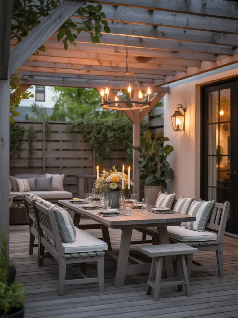 Covered patio with outdoor dining area, wooden pergola, and candlelit table.