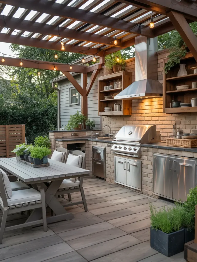 Covered patio with outdoor kitchen, stainless steel appliances, and dining area under a pergola.