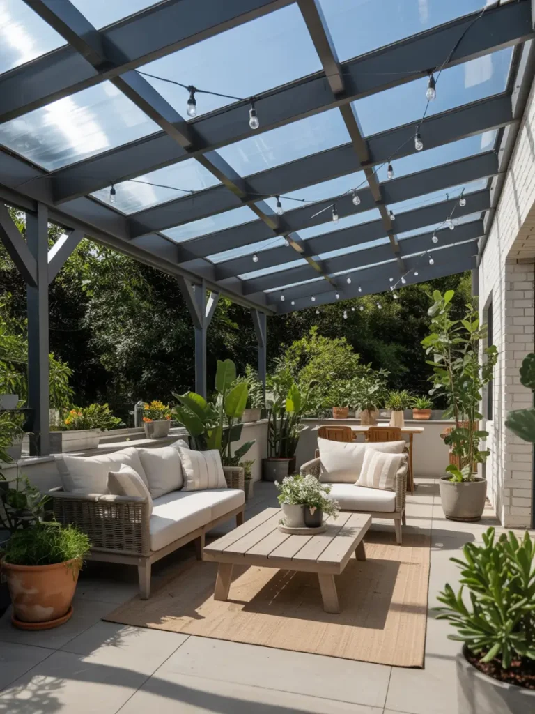 Covered patio with polycarbonate roof, modern outdoor seating, and lush potted plants.