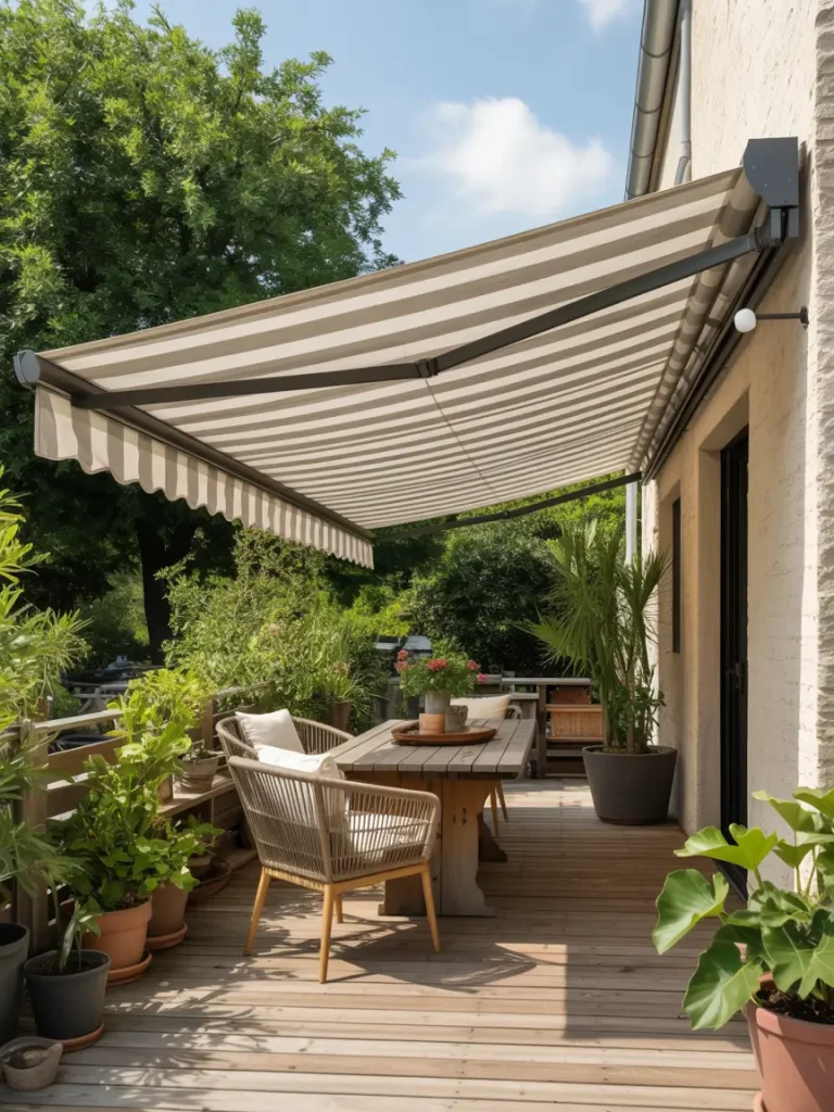 Covered patio with retractable striped awning, wooden dining table, and surrounding potted plants.