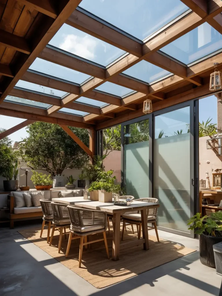 Covered patio with skylights, wooden dining table, and modern outdoor seating.