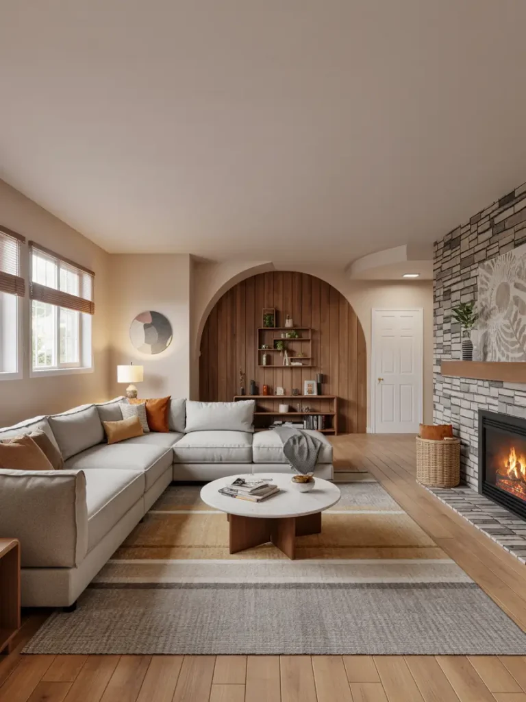 Cozy basement living room with sectional sofa, modern round coffee table, stone fireplace, and warm wooden accents.