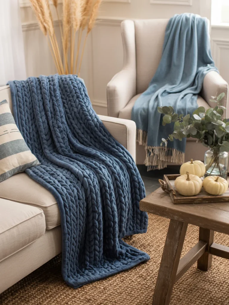 Living room decorated with cozy blue throw blankets, neutral furniture, and small white pumpkins for fall.