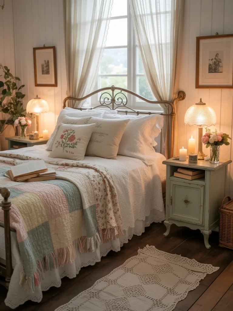 Cozy cottagecore bedroom with vintage iron bed, floral bedding, soft lighting, and lace curtains.