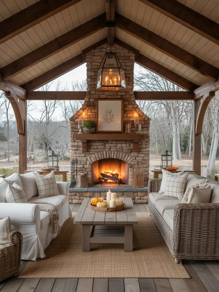 Cozy covered patio with stone fireplace, wicker sofas, and rustic wooden coffee table.