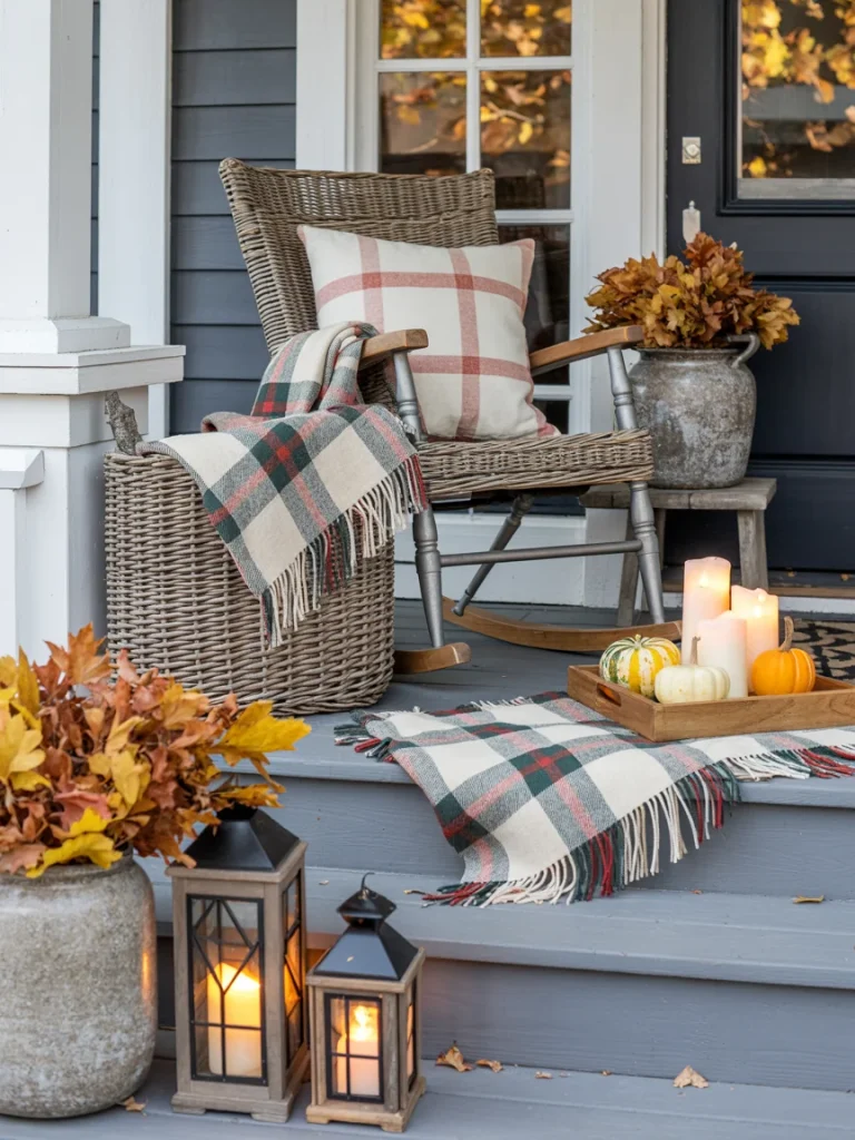 Wicker rocking chair with plaid pillows and blanket, pumpkins, lanterns, and candles arranged on a fall-themed porch.