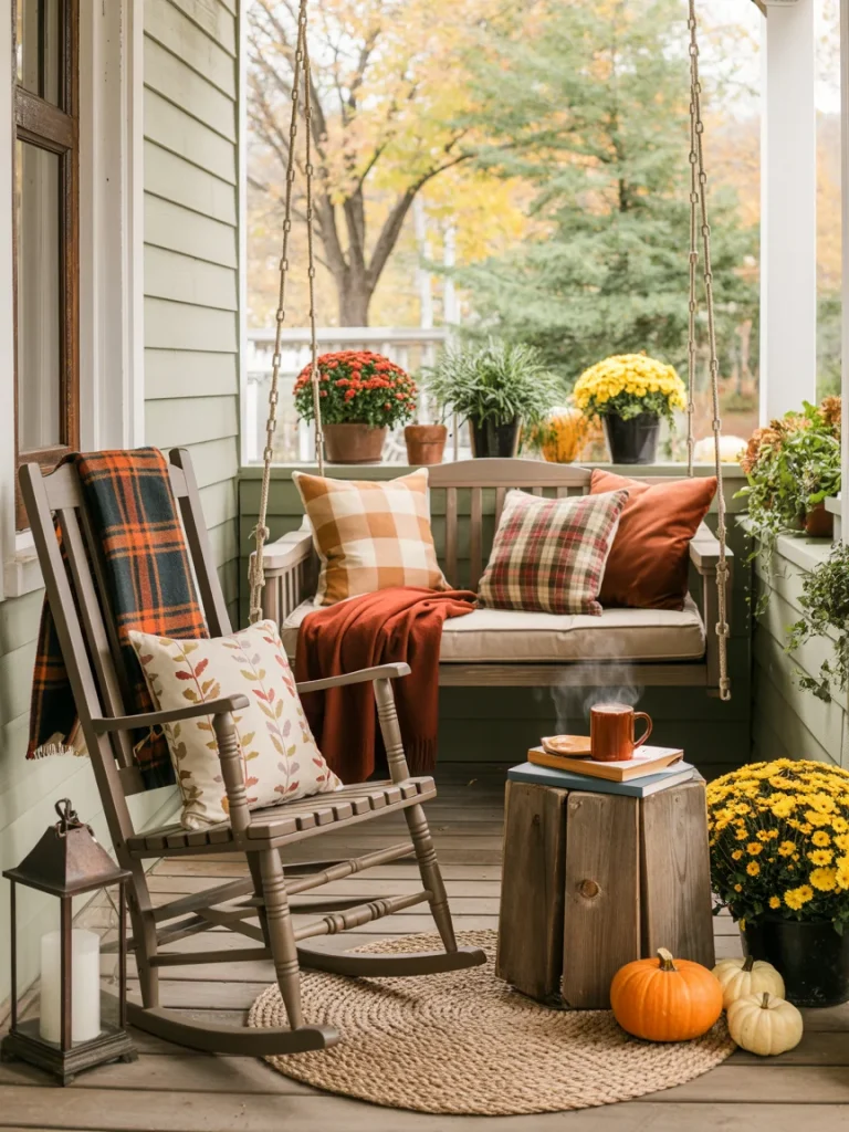 Cozy fall porch with a rocking chair, swing bench, plaid pillows, autumn blankets, pumpkins, mums, and a steaming mug on a rustic wooden stool.