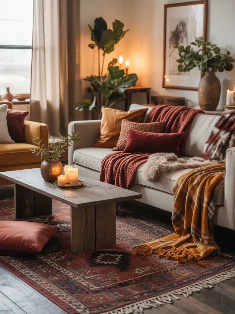 Cozy living room decorated for fall with warm textiles, plaid throws, soft pillows, and candles on a rustic wooden coffee table.