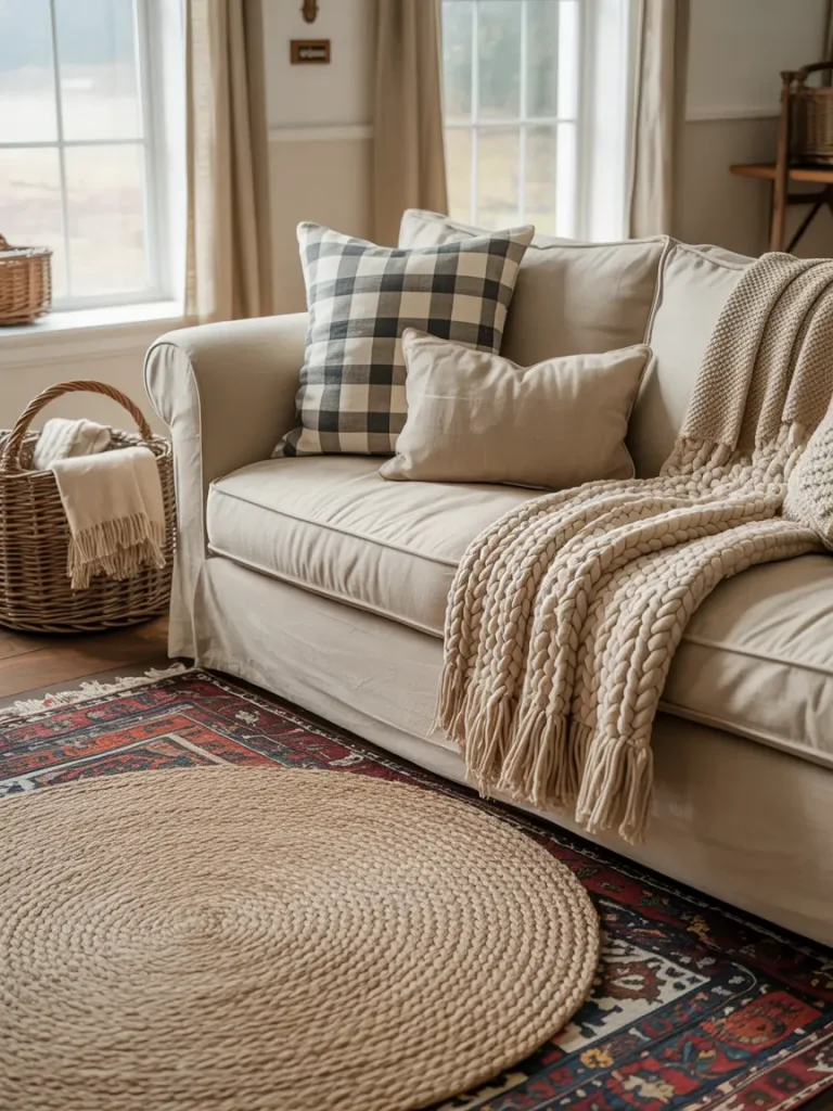 Cozy farmhouse sofa with plaid pillows, chunky knit throw, and woven basket.