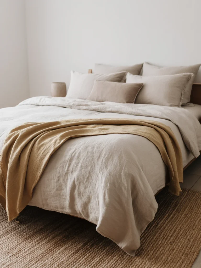 Cozy Japandi bedroom with layered neutral textiles and a warm throw blanket.